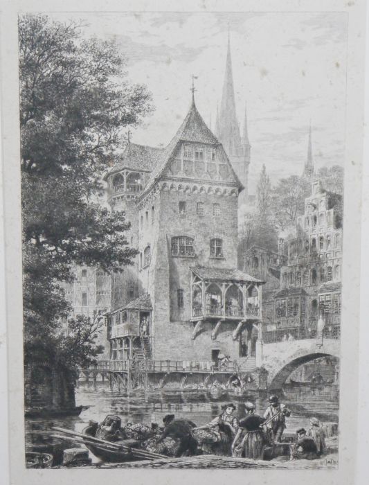 Axel Herman Haig (1835-1921) Etching Town scene by river, initialled, 28cm x 19cm