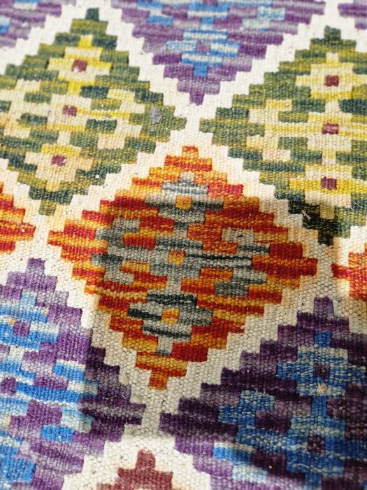 Chobi kilim cream ground wool rug with lozenge trelliswork pattern and geometric border , 130cm x - Image 19 of 26