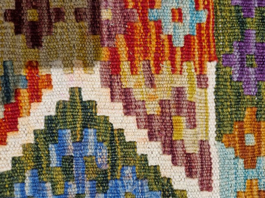 Chobi kilim cream ground wool rug with lozenge trelliswork pattern and geometric border , 130cm x - Image 25 of 26