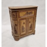 20th century oriental decorated drinks cabinet, with relief carved decoration of figures on a