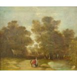 19th century school Pair of oils on canvas Wooded landscape scene with  figures on a path ,unsigned,