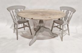 Oval pine kitchen table, 128cm x 92cm and four painted grey kitchen chairs (5)
