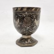 Asian niello and white metal footed vase, decorated with stylised flowerheads on a ground of