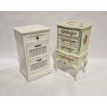 White painted bedside chest of three drawers, 40.5cm wide, and a green painted bedside chest of four