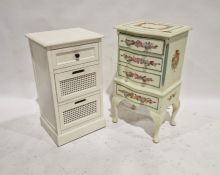White painted bedside chest of three drawers, 40.5cm wide, and a green painted bedside chest of four