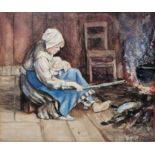 R. Brooks Watercolour Mother and child seated in front of fire, signed and dated 1914 lower right,