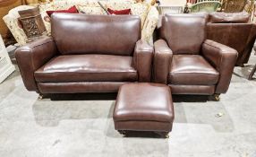 Two-seater sofa, 82cm high x 145cm wide x 94cm deep, matching club armchair and footstool, each on