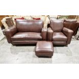 Two-seater sofa, 82cm high x 145cm wide x 94cm deep, matching club armchair and footstool, each on