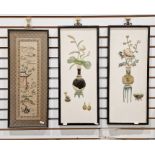 Chinese embroidered silk panel with female figure and lakeside pavilion, 59cm x 23cm, and a pair