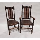 Set of six cane back oak dining chairs, each having carved floral decoration to the backs and turned