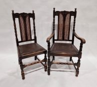 Set of six cane back oak dining chairs, each having carved floral decoration to the backs and turned
