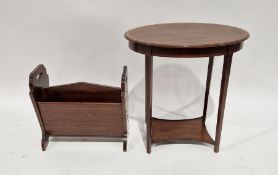 Oval mahogany and satinwood banded occasional table, a mahogany magazine rack and a mahogany