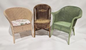 Pair of pink Lloyd Loom tub chairs and three other green painted Lloyd Loom tub chairs labelled to