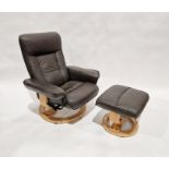 Contemporary brown leather stressless style armchair together with a matching footstool, the