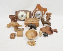 Assorted wooden items to include various carved sculptures, an Anglo-Indian carved wooden box,