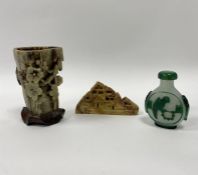 Soapstone model of houses among trees, 4cm wide, 5cm long, an Oriental soapstone shaped as a horn on