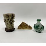 Soapstone model of houses among trees, 4cm wide, 5cm long, an Oriental soapstone shaped as a horn on