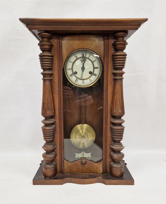 Early 20th century mahogany cased Vienna regulator style wall clock with turned and fluted