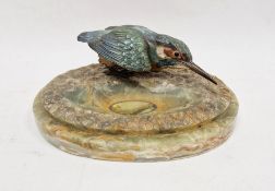 Cold painted bronze model of a kingfisher mounted on an oval green onyx ashtray base, 22cm wide x