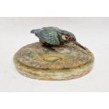 Cold painted bronze model of a kingfisher mounted on an oval green onyx ashtray base, 22cm wide x