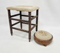 Late 19th / early 20th century mahogany bobbin turned stool united by stretch, with floral