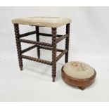 Late 19th / early 20th century mahogany bobbin turned stool united by stretch, with floral