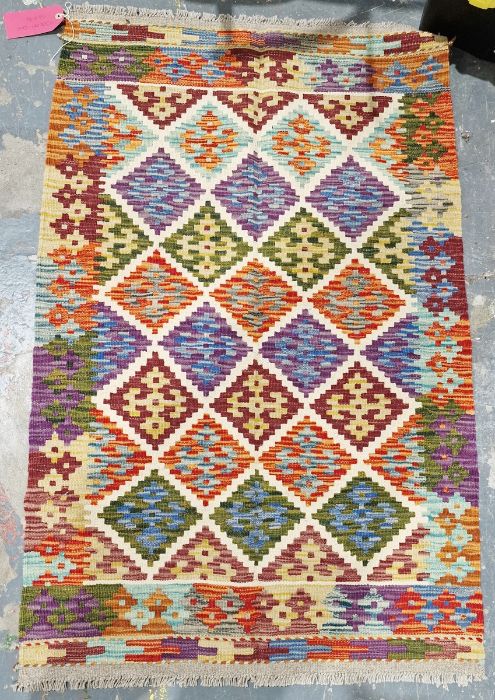 Chobi kilim cream ground wool rug with lozenge trelliswork pattern and geometric border , 130cm x - Image 14 of 26