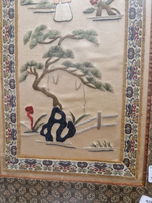 Chinese embroidered silk panel with female figure and lakeside pavilion, 59cm x 23cm, and a pair - Image 5 of 34
