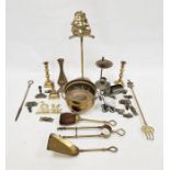 Quantity brass fireside items to include candlesticks, warming pan