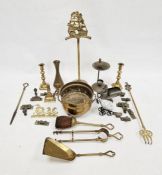 Quantity brass fireside items to include candlesticks, warming pan