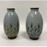 Pair of oriental cloisonne vases, wheat and bird decorated, with bronze glitter bases, 18.5cm