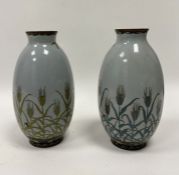 Pair of oriental cloisonne vases, wheat and bird decorated, with bronze glitter bases, 18.5cm