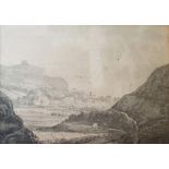19th century school Watercolour en grisaille  Mountainous landscape with valley and a town in the