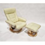 Contemporary cream leather upholstered stressless style armchair together with matching footstool,