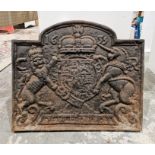 Antique iron fireback with broken arched top, having crowned crest and date 1635, 51cm high x 59cm