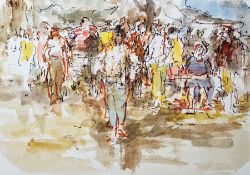 Roland Batchelor (1889-1990) Pen and watercolour "Tourists, Guernsey", 1975, framed and glazed,