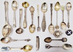 Assorted souvenir and apostle spoons, other spoons, silver and enamel badge 'Registered General
