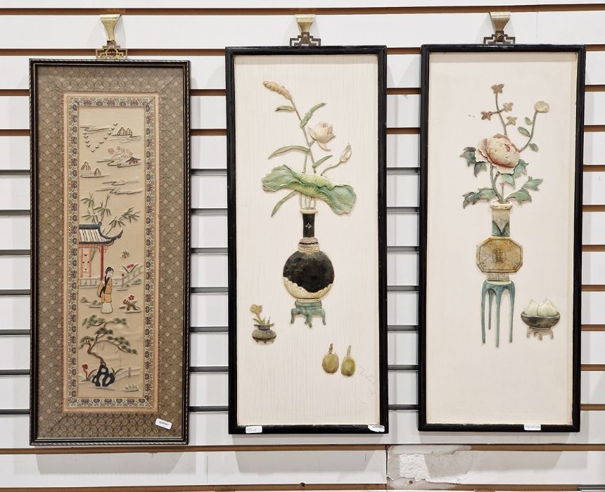Chinese embroidered silk panel with female figure and lakeside pavilion, 59cm x 23cm, and a pair - Image 18 of 34