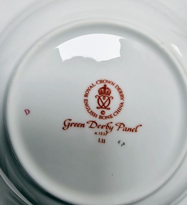 Royal Crown Derby 'Green Derby Panel' pattern part dinner service, printed iron red factory marks, - Image 14 of 24