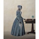 19th century school Watercolour Silhouette of a lady in a blue dress and bonnet holding a