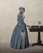 19th century school Watercolour Silhouette of a lady in a blue dress and bonnet holding a