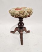 19th century rosewood circular revolving piano stool, red buttonback leather seat on tripod base