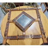 20th century oak coat rack with square-shaped mirror, floral decorated, 84cm x 92cm