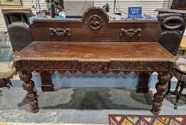 Large Victorian oak buffet table with carved decoration including depiction of lions and birds