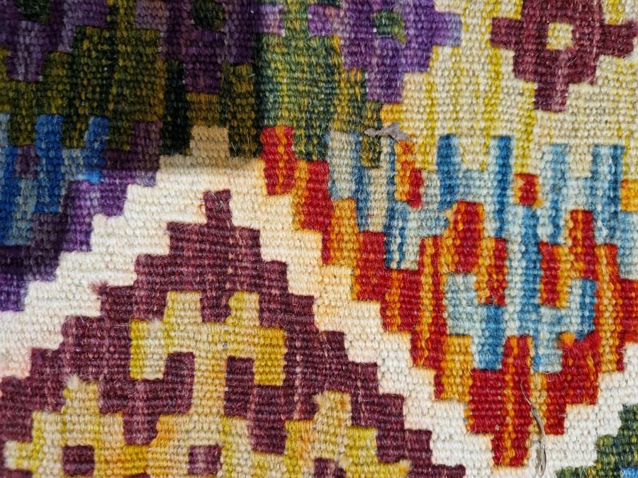 Chobi kilim cream ground wool rug with lozenge trelliswork pattern and geometric border , 130cm x - Image 11 of 26