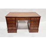 Reproduction burr elm partner's desk with an arrangement of nine drawers around the kneehole, 77cm