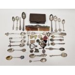 Various silver souvenir spoons, silver mounted come, sugar nips and assorted badges (1 box)