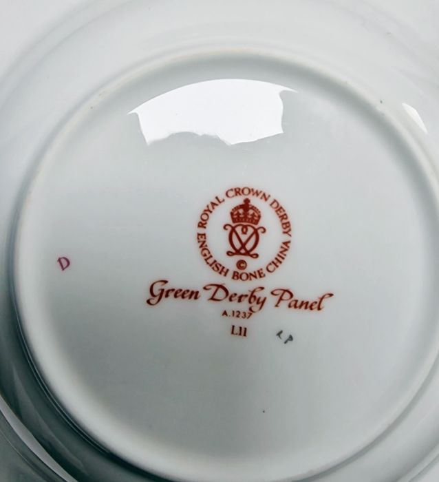 Royal Crown Derby 'Green Derby Panel' pattern part dinner service, printed iron red factory marks, - Image 2 of 24