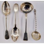 William IV silver ladle, London 1830, 2toz approx. two silver coloured spoons (marks worn) and a