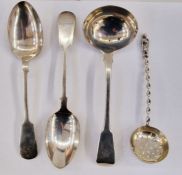 William IV silver ladle, London 1830, 2toz approx. two silver coloured spoons (marks worn) and a